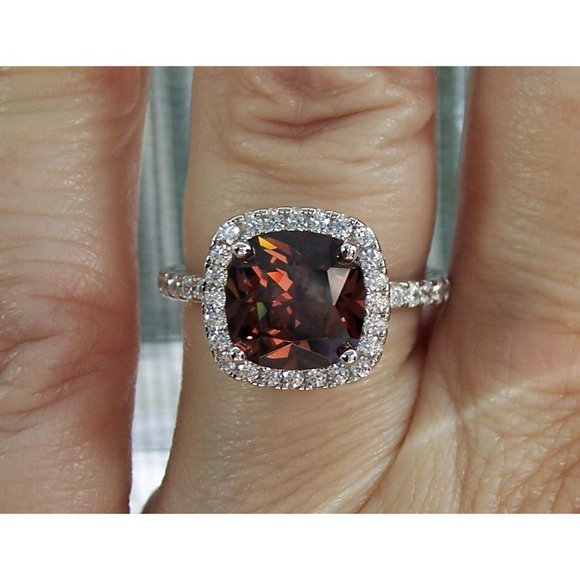 925 STERLING SILVER Cushion Cut Chocolate CZ Halo Ring - Picture 11 of 15